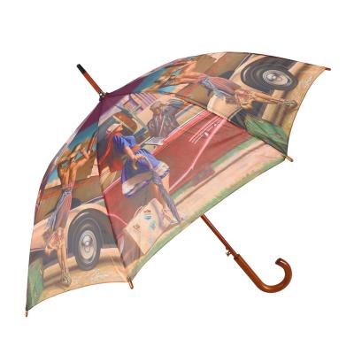 China Wholesale Minimalist Wooden European Classical Straight Pole Bone Umbrella Sunny 23 Inch 8 Handle Umbrella Oil Painting Spot Umbrella for sale