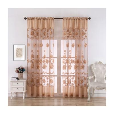 China Pure Blackout Coffee Flower Burnout Polyester Fabric Voile Curtains And Tulle Home Decor Window Luxury for sale