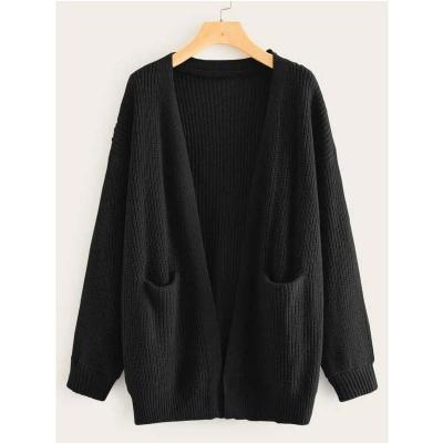 China Anti-wrinkle cos woman wholesale price ribbed knit drop shoulder pockets cardigan wit double knitted sweater for sale