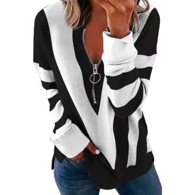 China 2021 New Women's Anti-wrinkle Gradient Striped Zipper Casual T-shirt Autumn and Winter Women's Tops for sale