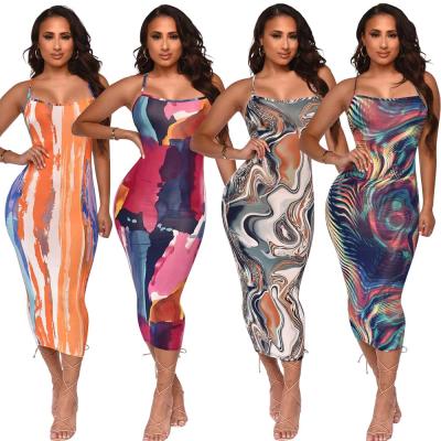 China Wholesale Women Print Hip Package Anti-Wrinkle Sling Strap Casual Cross Strap Midi Maxi Dresses for sale