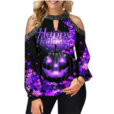 China Halloween Sequin Neck Round Printing T-shirt Anti-wrinkle Casual Women's Strapless T-shirt Stitching Mid-Length for sale