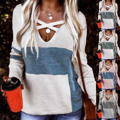 China Anti-wrinkle factory new product 2021 autumn and winter new V-neck contrast printing loose knit sweater for sale