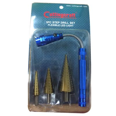 China Metal New 3pc SAE Step Drill Bit Set HSS Cobalt Coating Drill Bit With LED Light for sale