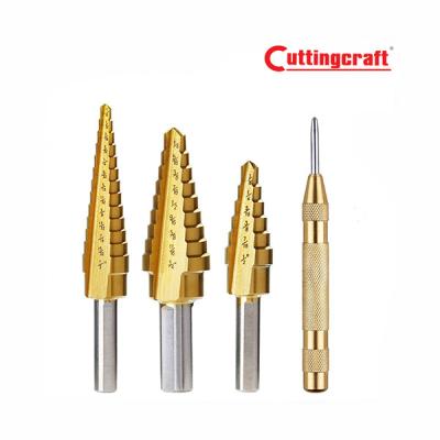 China Titanium Metal Drilling 3-Piece Step Drill Bit Set And Center Punch Professional Auto Drill Bits for sale