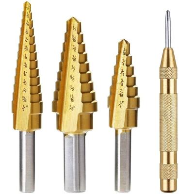 China Automatic Metal Drilling 3PC Step Drill Bit Set And Center Punch 3 Sided High Speed ​​Shank Steel for sale