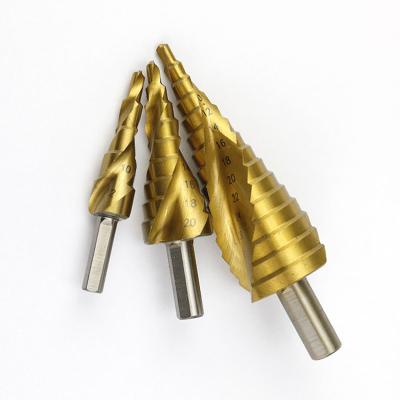 China Titanium Coated Metal Drilling 3pcs HSS Step Drill Bits Set With 2 Spiral Flute Drill Bits for sale