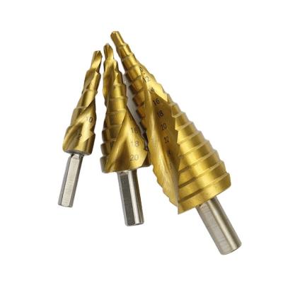 China Titanium Coated Metal Spiral Step Drill 3pcs HSS Spline Step Drill Bit Set for sale