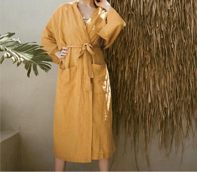 China Mustard QUICK DRY High Quality Color Washed 100% Sheer Pajamas Long Robe With Pockets Simple Casual Style Bathrobe for sale