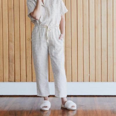 China QUICK DRY Women Sleep To Use Lounge Pants For Sleeping Pants Color Washed 100% Pure Canvas Pajama Pants With Pockets Casual Style Bath Robe for sale