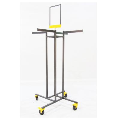 China Modern Gold 4 Way Floor Design Wheel Trolley Metal Display Shop Iron Clothes Clothing Rack Deployment for sale