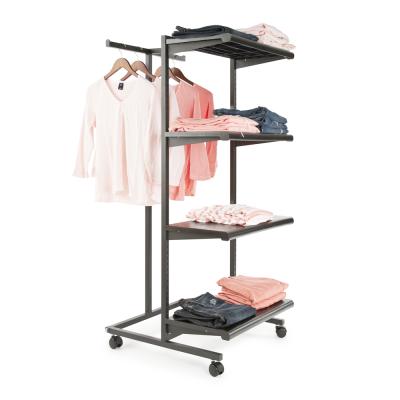 China Commercial Heavy Duty Rolling Rush Chrome Z-base Metal Clothing Racks Retail Display Garment With Board for sale