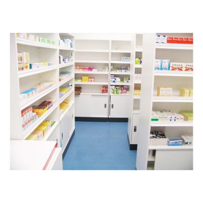 China Custom MDF Wall Shelves Metal Shop Display Furniture Decoration Wooden Pharmacy Showcase For Clinic Medicine for sale