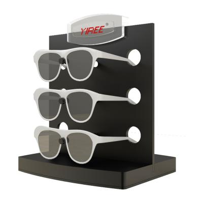 China Custom Printed Metal Logo 3 Slot Floor Stand Frame Unique Design Counter Sunglasses Display Stand for sale