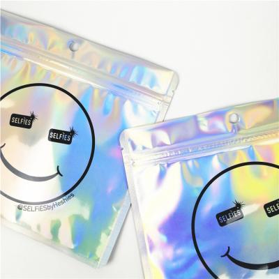 China Recyclable Custom Size And Logo Resealable Cosmetic Holographic Mylar Packaging Bag Pouch Makeup Shopping Bag for sale