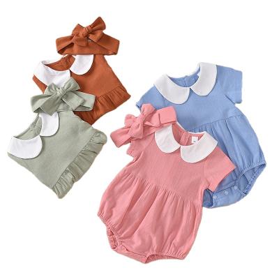 China Europe and America cheap baby clothes set button plain baby rompers girls short sleeve with headbands for sale