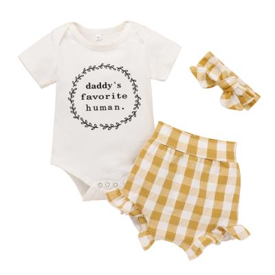 China Breathable Garland Popular Pattern Yellow Check Ruffle Shorts High Waist Pants 2 Pcs Baby Romper Set for sale