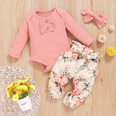 China Breathable Flower Ribbed 100% Cotton Top 3 Pcs Add Headband Sister Or Twin Patterns Baby Romper Set Girls for sale