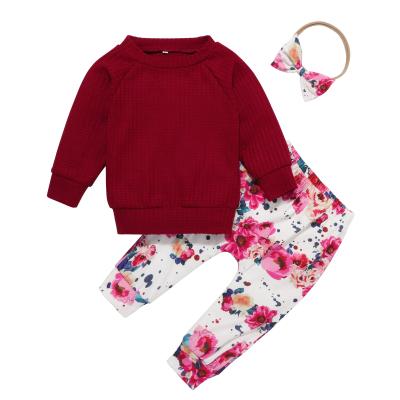 China Breathable Four Colors Baby Winter Dress Sweater Flower Print Pants And Headband Outfits Infant Winter Dressing Sets for sale