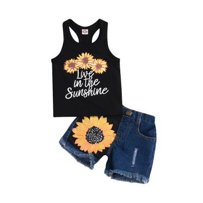 China Breathable Cool Black Letters Baby Boy And Girl T-shirts Sunflower Denim Sleeveless Clothes for sale