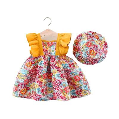 China Pretty Baby Dress Plain Color Flight Sleeves Floral Print Design Backless Dress And Baby Hat for sale