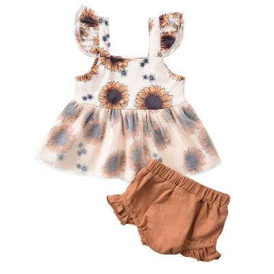 China Sweet Baby Kids Sunflower Dress Set Girls Clothing Sets Summer With Flying Sleeves + Brown 2 Picecs Shorts for sale