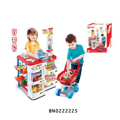 China Super Market with Large Shopping Cart Kids Pretend Play Toy Shopping Cart Cash Register Kitchen Set Supermarket Shopping Toy for sale