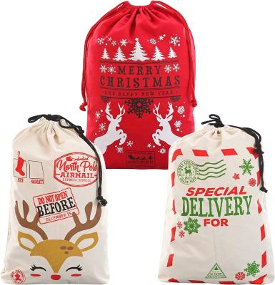 China Enze Christmas Cloth Viable Drawstring 3 Pack Santa Burlap Sack With Drawstring Christmas Gift Bags Storage Bag for sale