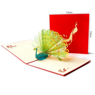 China Viet Nam Hot Sales Laser Cut Paper Crafts Peacock Pop Colorful 3d Gift Green Greeting Cards for sale