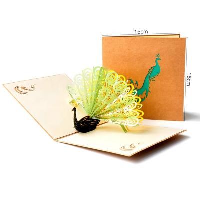 China Viet Nam Wholesale 3d Laser Cut Paper Peacock Colorful Green Pop Up Gift Greeting Cards for sale