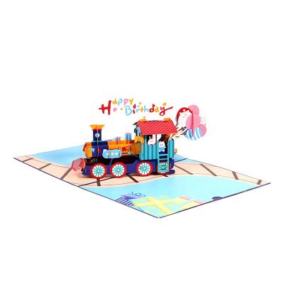 China Viet Nam Custom Design 3d Laser Cut Colorful Birthday Train Printing Pop Up Cards With Envelope And Mini Writing Cards for sale