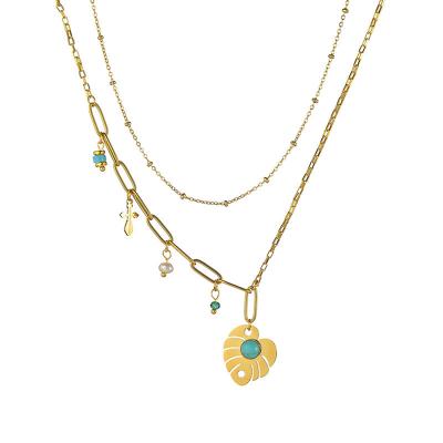 China Hot Selling Cute 14K Gold Chain Stainless Steel Leaf Necklace Turquoise Bead Necklace for sale