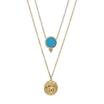 China Factory Price Cute Stainless Steel Turquoise 18K Evil Eye Gold Plated Necklace Ladies Double Necklace for sale