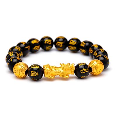 China CLASSIC Men Women Real Gold Plated Buddha Beads Bracelet Lucky Feng Shui Pixiu Black Obsidian Bracelet for sale