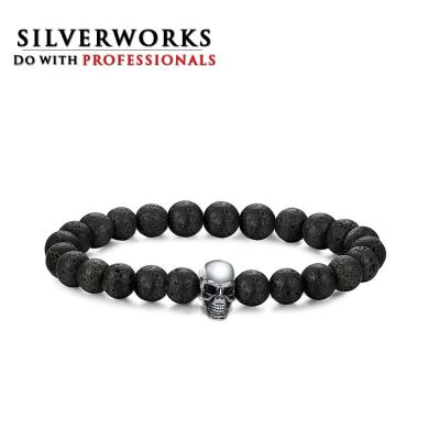 China SILVERWORKS Neo-Gothic Charcoal Lava Stone Bead Black Volcanic Bracelet with 925 Silver Skull Beads for sale