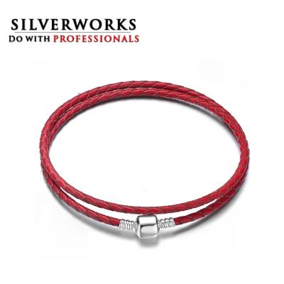 China Double Wrap Quality Red Double Wrap Red 925 Sterling Silver Leather Bead Bracelet Made By Silverworks for sale