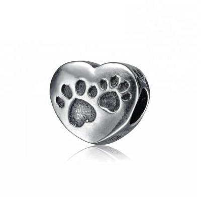 China Silver Animal Beads Heart Shape 925 Sterling Silver Dog Paw Print Beads Fit Snake Chain Bracelets for sale