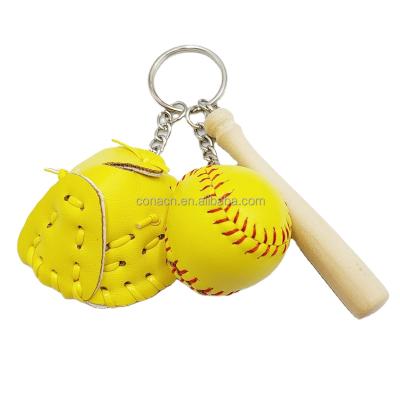 China Wholesale Sports Gift Yellow Color Baseball Glove Wooden Bat Sports Key Ring Key Chain Set for sale