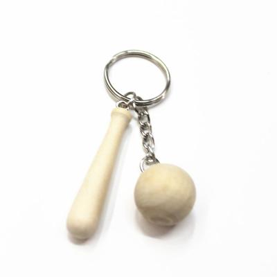 China DIY Gift 2cm Natural White Round Shape Ball And Wooden Bat Key Ring Chain for sale