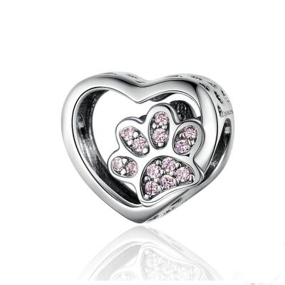 China Nickel Free Cat Love Heart Shape Charms 925 Sterling Silver CZ Paw Print Heart Charms For Bracelet Making for sale