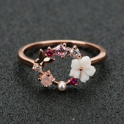 China Eco-Friendly Fashion Creative Butterfly Flowers Crystal Finger Wedding Rings For Women Rose Gold Zircon Ring for sale