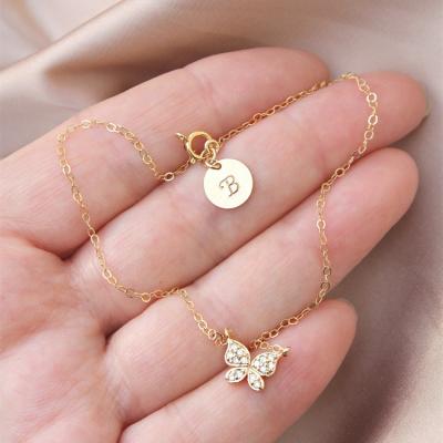 China Nickel Free Personalized Custom Stamped Initial Disc 925 Sterling Silver Gold Butterfly Anklets For Women for sale