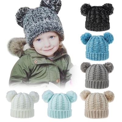 China 2021 COMMON Custom Knit Beanie Hats Winter Warm Kids Knitted Hat With 2 Pom Poms For Kids for sale