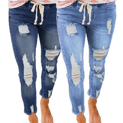 China 2021 QUICK DRY high quality casual woman basics drawstring elastic waist destroyed boyfriend ripped jeans pants pants for women for sale