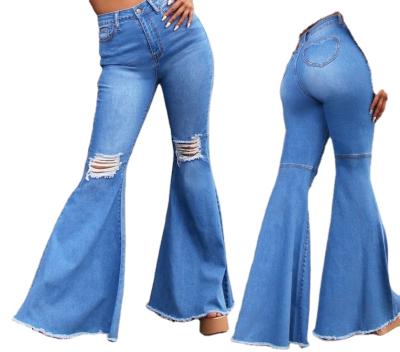 China 2021 QUICK DRY New Fashion Customized Women Bell Denim Sky Blue Skinny Destroyed High Waist Raw Edge Button Ripped Rocket Jeans for sale