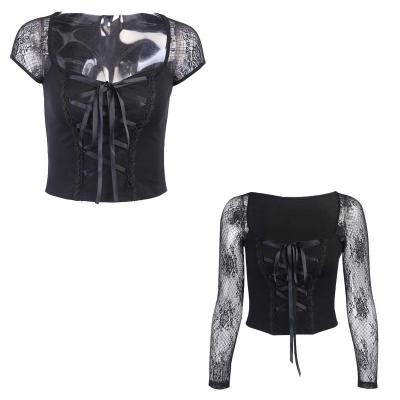 China Low Price QUICK DRY Punk Gothic Lace Patchwork Lace Up Black Square Neck Crop Tops T Shirts Y2K Women Clothes for sale