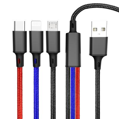 China Dropshipping Custom Logo 1.2M Nylon Braided Multi Function Mobile Phone Nylon Braided Charger Cable 3 in 1 USB Charging Cable for sale