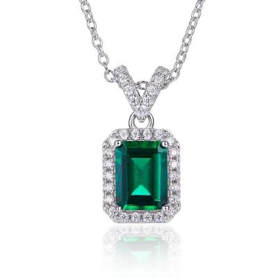 China S925 1.25CT Platinum Plated Silver Green Cultivated Rectangular Classic Romantic Elegant Custom Necklace for sale