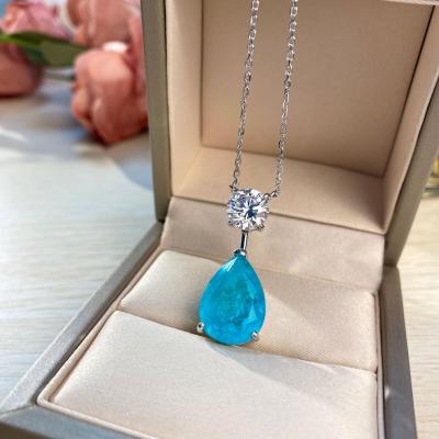 China Best Jewelry 925 Romantic Chained Natural Tourmaline 12*16 Mm Sterling Silver O Paraiba Pear Cut Blue Pendant Necklace For Women for sale