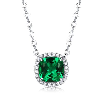 China Wholesale Romantic Created Emerald Necklace 6.5mm Cushion-cut 925 Jewelry Silver Diamond Halo Pendant Necklaces For Women for sale